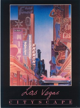 Featured is a postcard image of the "Las Vegas Cityscape".  Graphic design by Jon Mac at MeikleJohn.  The original Athena Art card is for sale in The unltd.com Store.  